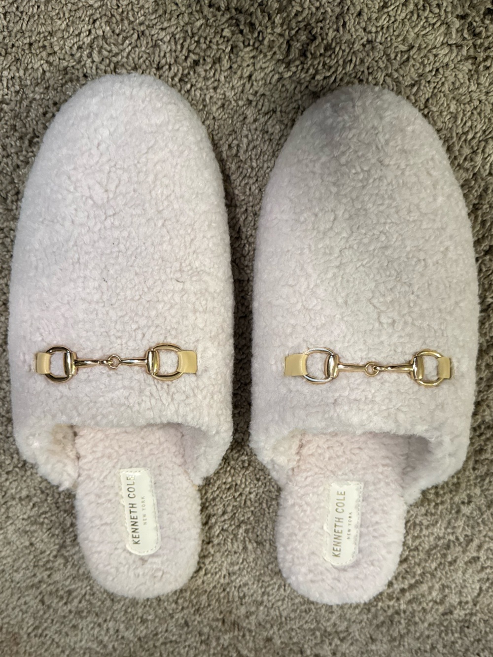 Kenneth Cole White Faux Shearling Gold Hardware Mule Slippers XL 11-12